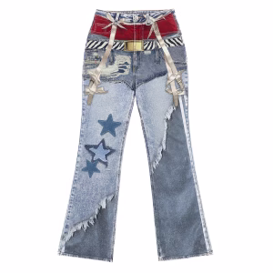"Rebel Layering" Deconstructed Star & Ribbon Printed Denim Jeans by JR JEANIUS WEAR