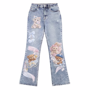 "Plushie Dream" Kawaii Bear & Bow Printed Denim Jeans by JR JEANIUS WEAR