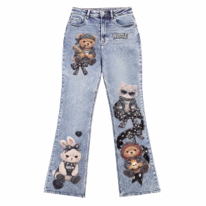 "Punk Plushie" Biker Bear & Ribbon Printed Denim Jeans by JR JEANIUS WEAR
