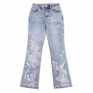 "Lotus Fairy" Water Lily & Sparkle Vine Printed Denim Jeans by JR JEANIUS WEAR