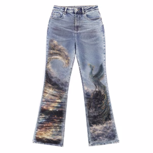 "Celestial Peacock" Golden Wave Printed Denim Jeans by JR JEANIUS WEAR