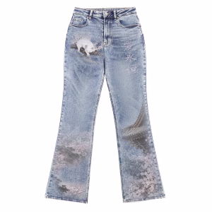"Eternal Love" Sakura Temple & Cat Printed Denim Jeans by JR JEANIUS WEAR