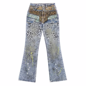 "Neon Cheetah" Layered Belt & Paint Splatter Printed Denim Jeans by JR JEANIUS WEAR