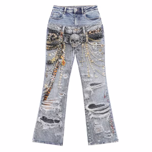 "Skull & Pearl" Trompe-l'œil Belt Distressed Printed Denim Jeans by JR JEANIUS WEAR