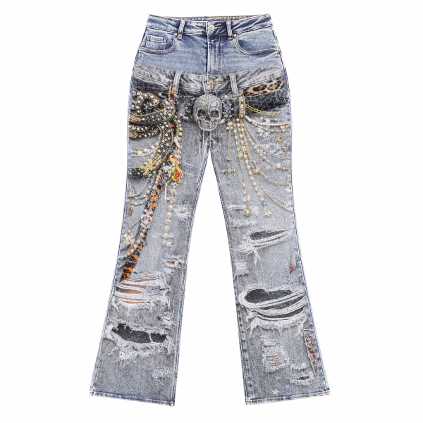 "Skull & Pearl" Trompe-l'œil Belt Distressed Printed Denim Jeans by JR JEANIUS WEAR
