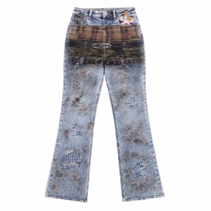 "Grunge Illusion" Layered Belts & Plaid Printed Denim Jeans by JR JEANIUS WEAR
