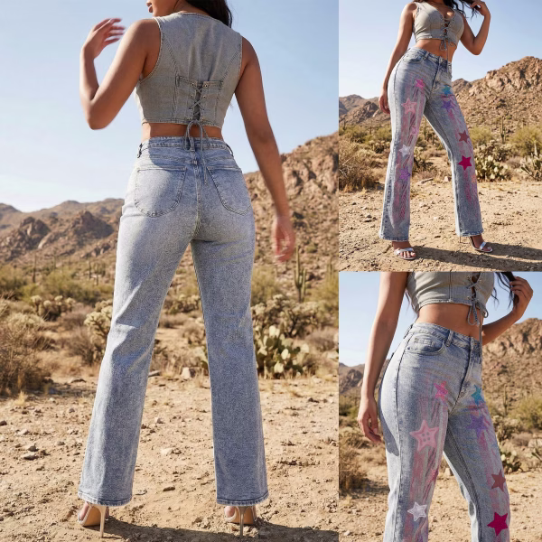 "Pop Star" Stripe & Star Printed Denim Jeans collection product photo