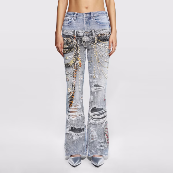"Skull & Pearl" Trompe-l'œil Belt Distressed Printed Denim Jeans collection product photo