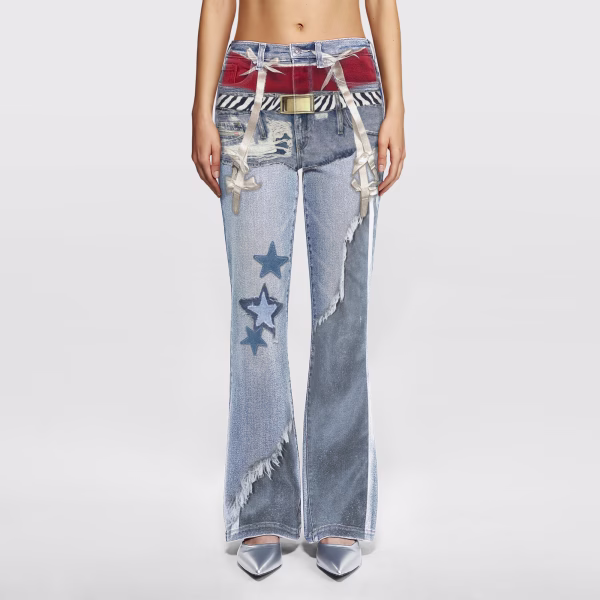 "Rebel Layering" Deconstructed Star & Ribbon Printed Denim Jeans collection product photo