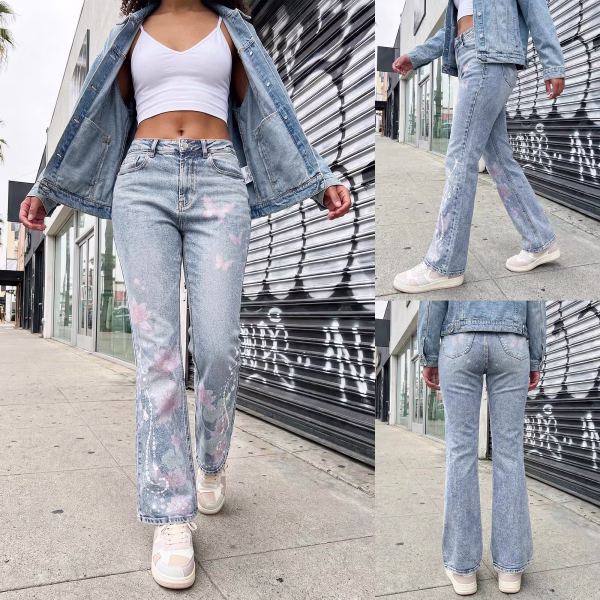 "Lotus Fairy" Water Lily & Sparkle Vine Printed Denim Jeans collection product photo