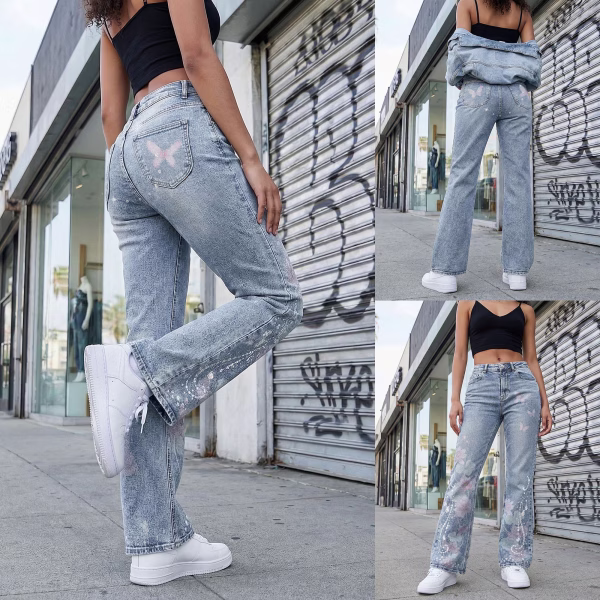 "Lotus Fairy" Water Lily & Sparkle Vine Printed Denim Jeans collection product photo
