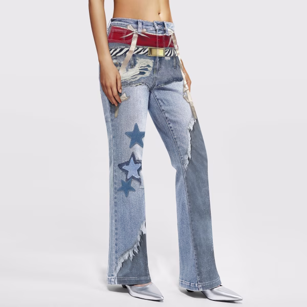 "Rebel Layering" Deconstructed Star & Ribbon Printed Denim Jeans collection product photo