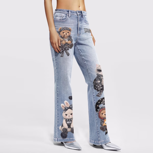 "Punk Plushie" Biker Bear & Ribbon Printed Denim Jeans collection product photo