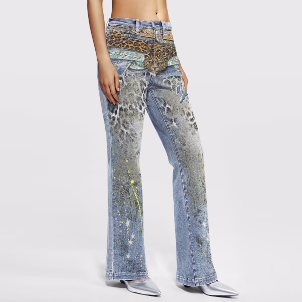 "Neon Cheetah" Layered Belt & Paint Splatter Printed Denim Jeans collection product photo