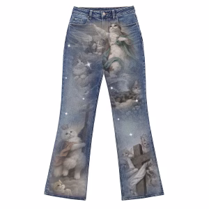 "Renaissance Meow" Angel Cats & Cloud Printed Denim Jeans by JR JEANIUS WEAR