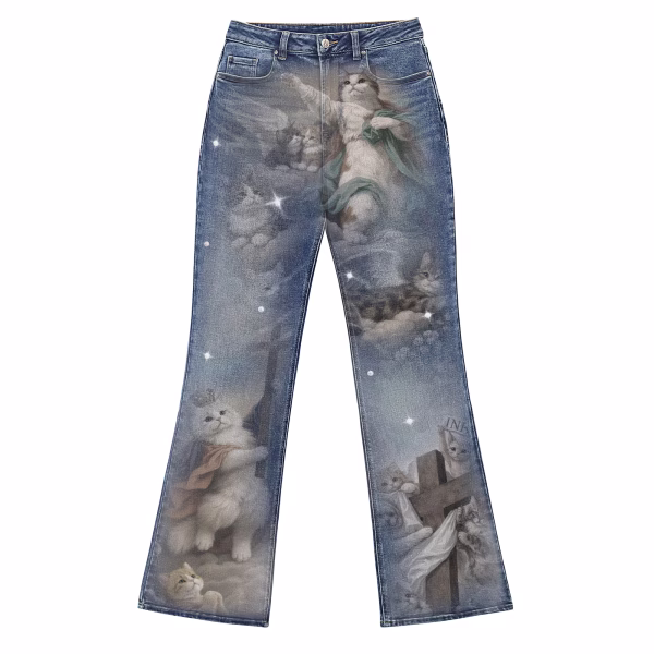 "Renaissance Meow" Angel Cats & Cloud Printed Denim Jeans by JR JEANIUS WEAR