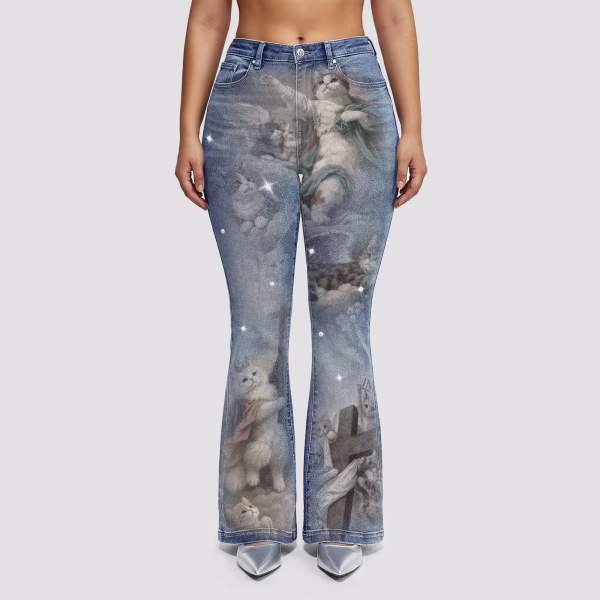 "Renaissance Meow" Angel Cats & Cloud Printed Denim Jeans collection product photo