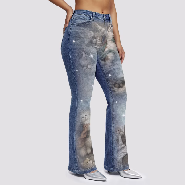 "Renaissance Meow" Angel Cats & Cloud Printed Denim Jeans collection product photo