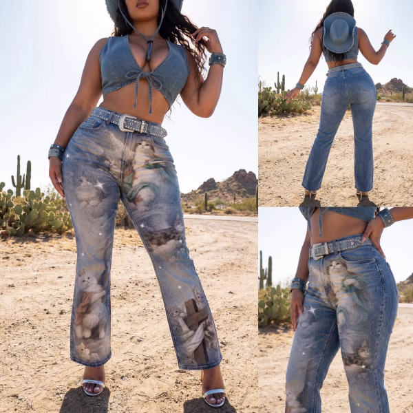 "Renaissance Meow" Angel Cats & Cloud Printed Denim Jeans collection product photo