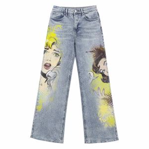 "Pop Art Gossip" Vintage Comic & Spray Paint Printed Denim Jeans by JR JEANIUS WEAR