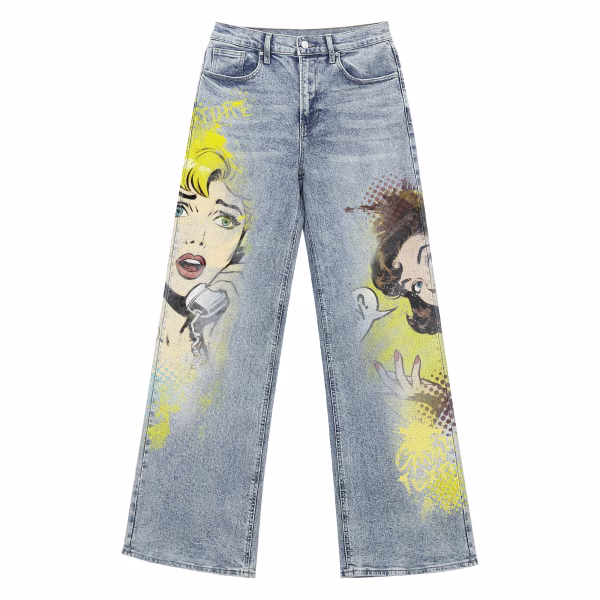 "Pop Art Gossip" Vintage Comic & Spray Paint Printed Denim Jeans by JR JEANIUS WEAR