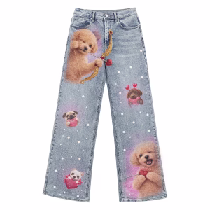 "Cupid Pups" Airbrush Dog & Heart Printed Denim Jeans by JR JEANIUS WEAR
