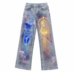 "Divine Pixel" Holographic Saints Printed Denim Jeans by JR JEANIUS WEAR