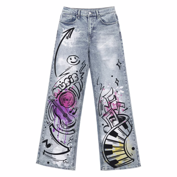 "Street Rhythm" Music Graffiti & Paint Splatter Printed Denim Jeans by JR JEANIUS WEAR