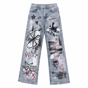 "Rising Star" Graffiti Sketch & Barcode Printed Denim Jeans by JR JEANIUS WEAR