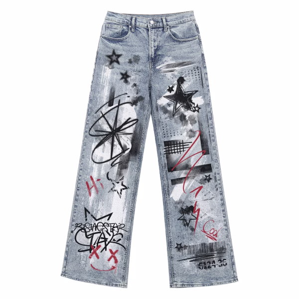 "Rising Star" Graffiti Sketch & Barcode Printed Denim Jeans by JR JEANIUS WEAR