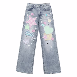 "Pastel Dream" Y2K Star & Heart Printed Denim Jeans by JR JEANIUS WEAR