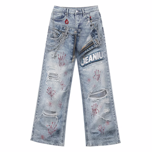 "Crimson Grasp" Bloody Handprint & Chains Printed Denim Jeans by JR JEANIUS WEAR