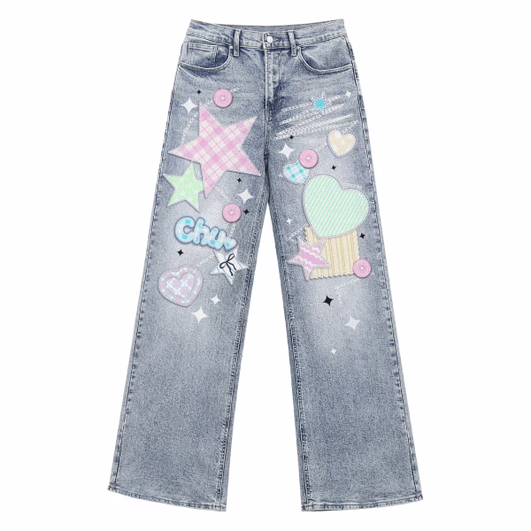 "Pastel Dream" Y2K Star & Heart Printed Denim Jeans by JR JEANIUS WEAR