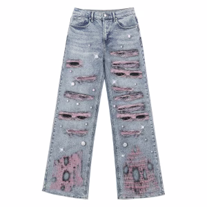"Pink Rebellion" Distressed Plaid & Rhinestone Printed Denim Jeans by JR JEANIUS WEAR