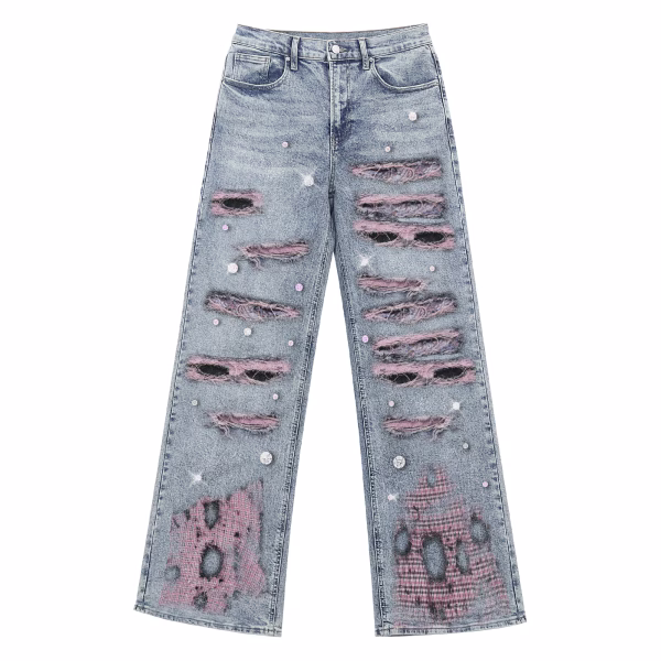 "Pink Rebellion" Distressed Plaid & Rhinestone Printed Denim Jeans by JR JEANIUS WEAR