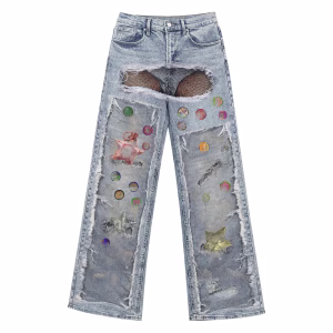 "Junkyard Star" Bottle Cap & Heavy Rips Printed Denim Jeans by JR JEANIUS WEAR