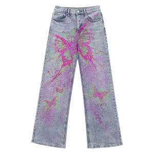 "Cyber Fairy" Neon Butterfly & Cracked Web Printed Denim Jeans by JR JEANIUS WEAR