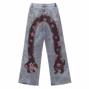 “Starry Sausage Dog” Destroyed Grunge Printed Denim Jeans