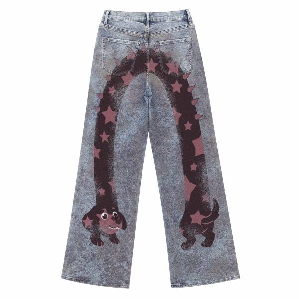 "Starry Sausage Dog" Destroyed Grunge Printed Denim Jeans collection product photo
