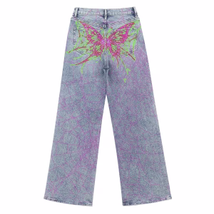 “Cyber Fairy” Neon Butterfly & Cracked Web Printed Denim Jeans