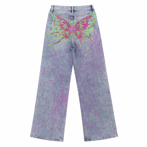 "Cyber Fairy" Neon Butterfly & Cracked Web Printed Denim Jeans collection product photo