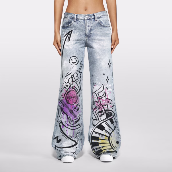 "Street Rhythm" Music Graffiti & Paint Splatter Printed Denim Jeans collection product photo