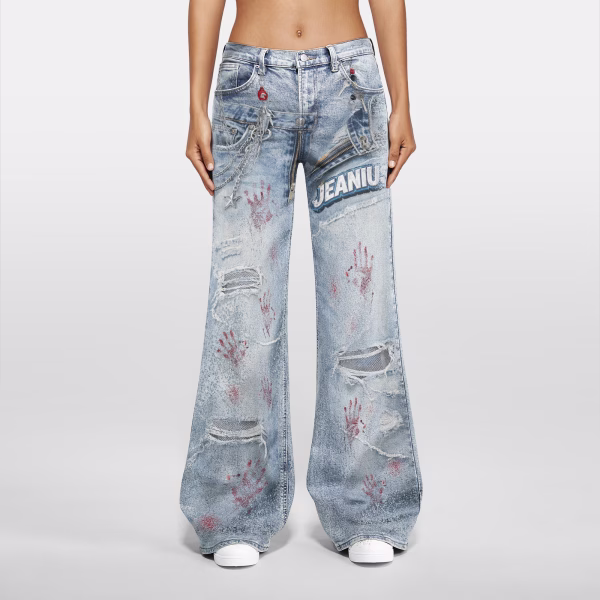 "Crimson Grasp" Bloody Handprint & Chains Printed Denim Jeans collection product photo
