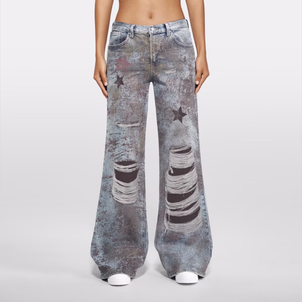 "Starry Sausage Dog" Destroyed Grunge Printed Denim Jeans collection product photo