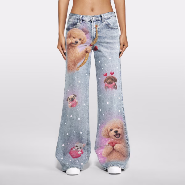 "Cupid Pups" Airbrush Dog & Heart Printed Denim Jeans collection product photo
