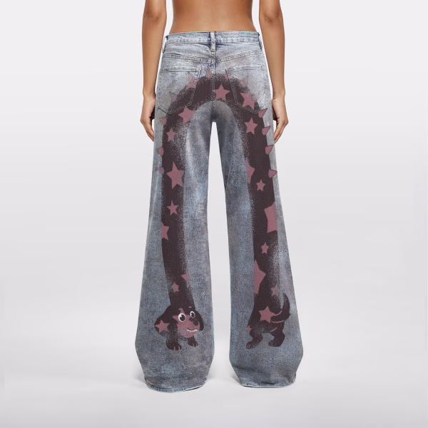 "Starry Sausage Dog" Destroyed Grunge Printed Denim Jeans collection product photo