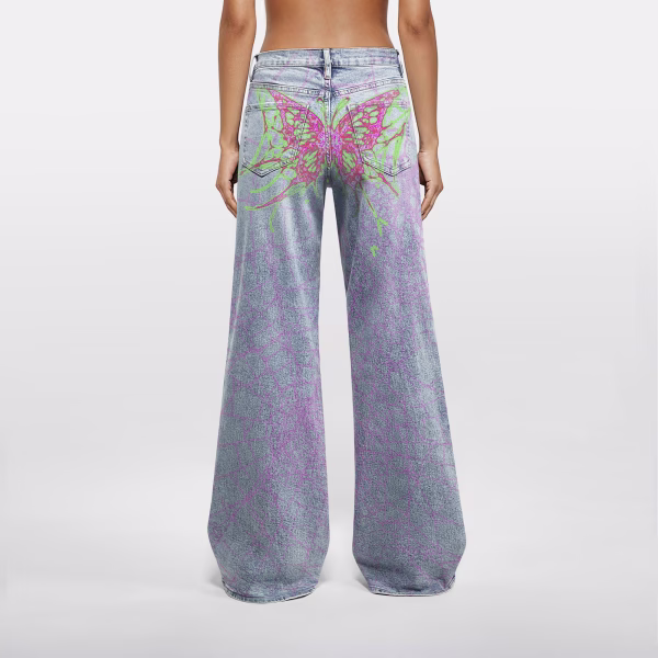 "Cyber Fairy" Neon Butterfly & Cracked Web Printed Denim Jeans collection product photo