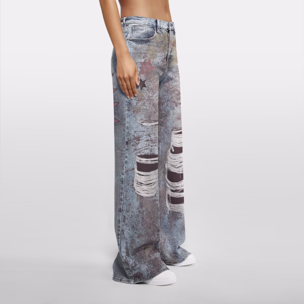 "Starry Sausage Dog" Destroyed Grunge Printed Denim Jeans collection product photo