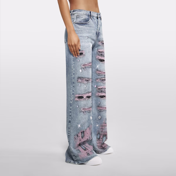 "Pink Rebellion" Distressed Plaid & Rhinestone Printed Denim Jeans collection product photo