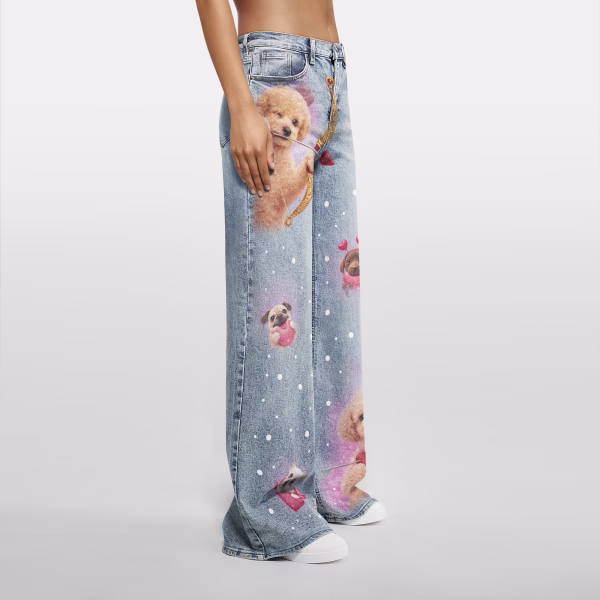 "Cupid Pups" Airbrush Dog & Heart Printed Denim Jeans collection product photo